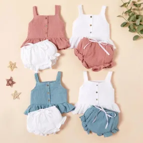 2-piece Solid Sling Tops & Shorts for Baby Girl Wholesale children's clothing