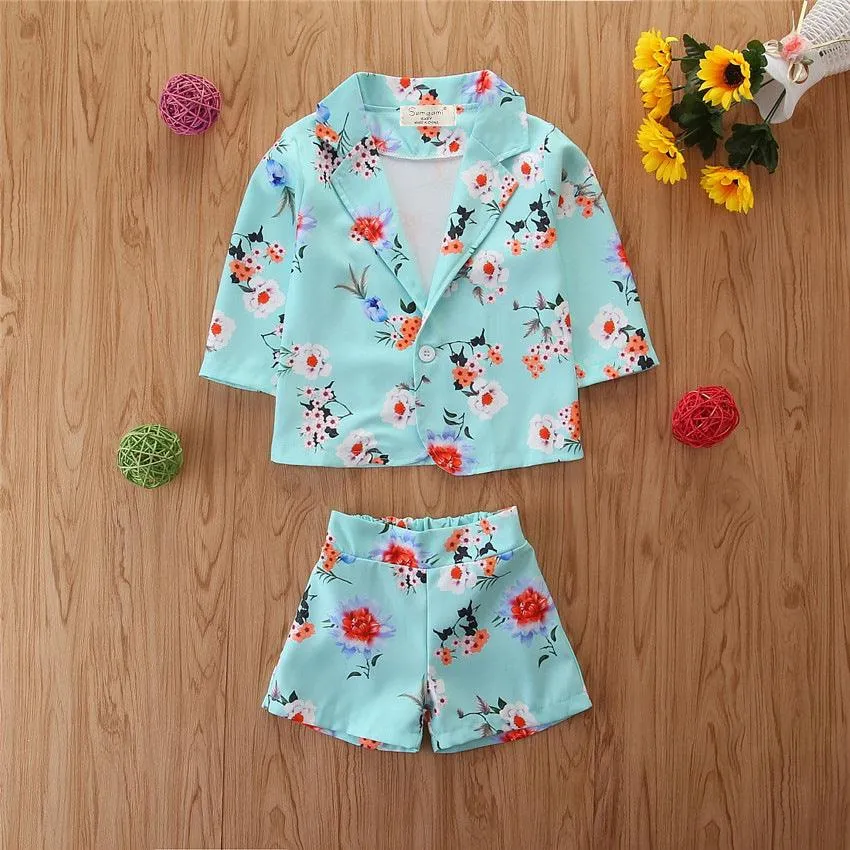 2023 summer children's clothing long-sleeved printed shirt shorts two-piece set