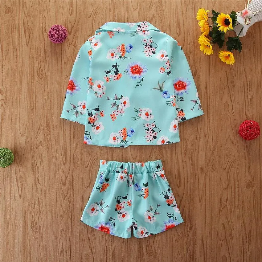 2023 summer children's clothing long-sleeved printed shirt shorts two-piece set