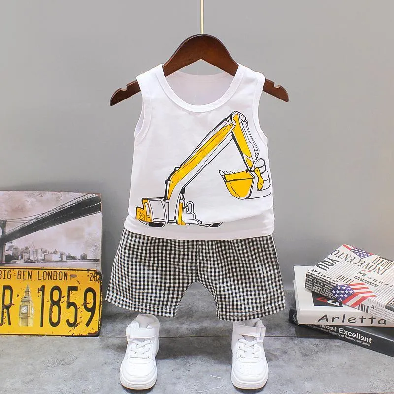 2pcs Cute Backhoe Prints Top and Pants Wholesale children's clothing