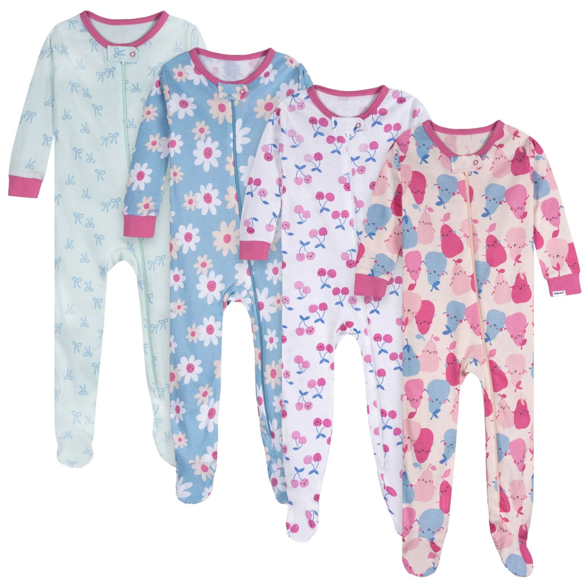 4-Pack Baby Girls Pears Snug Fit Footed Pajamas