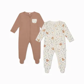 Bear & Ribbed Clever Zip Baby Pajamas 2 Pack