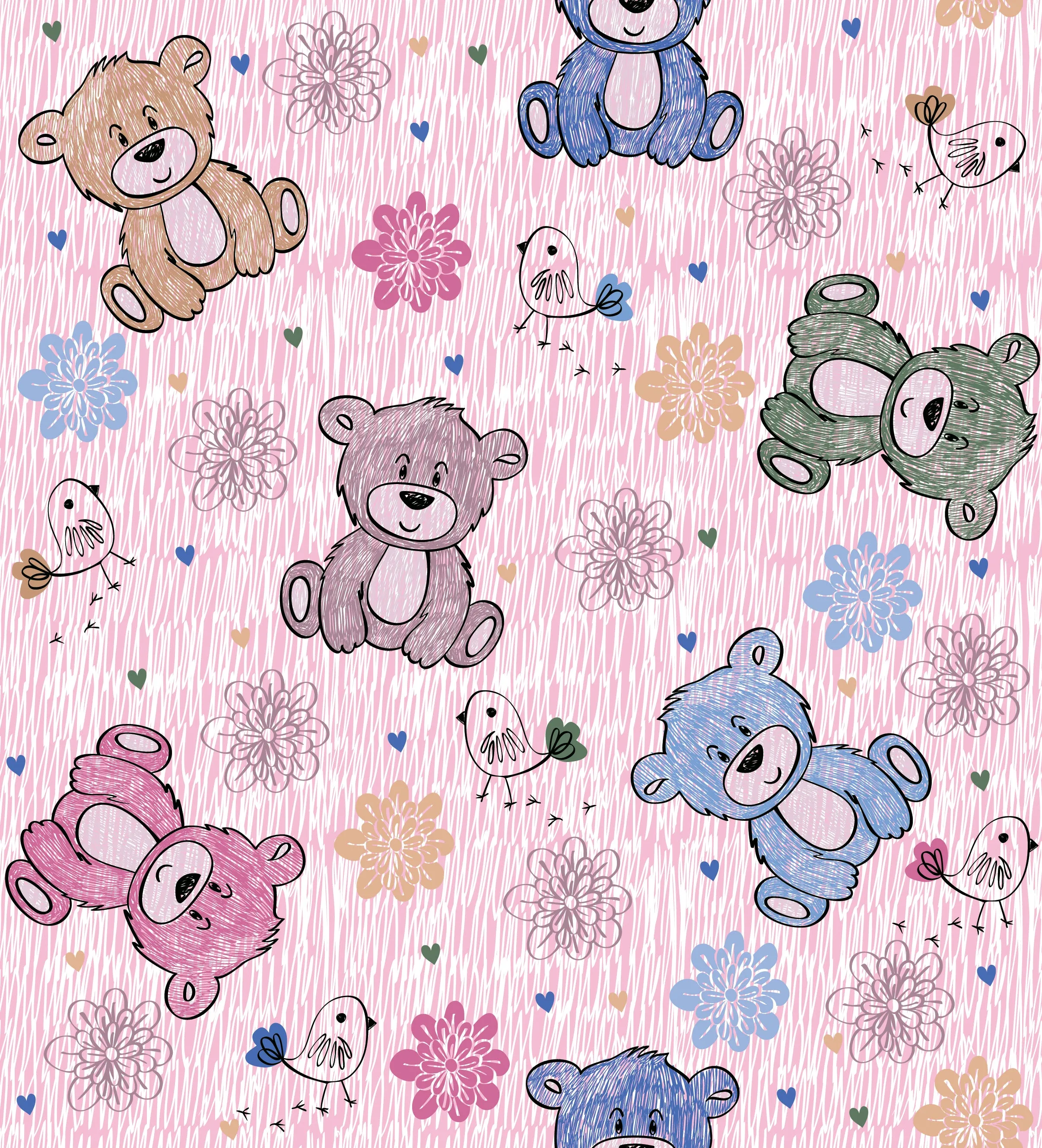 Children's Fabric, Teddy Bear Fabric, Pink Background, Cotton or Fleece, 3705