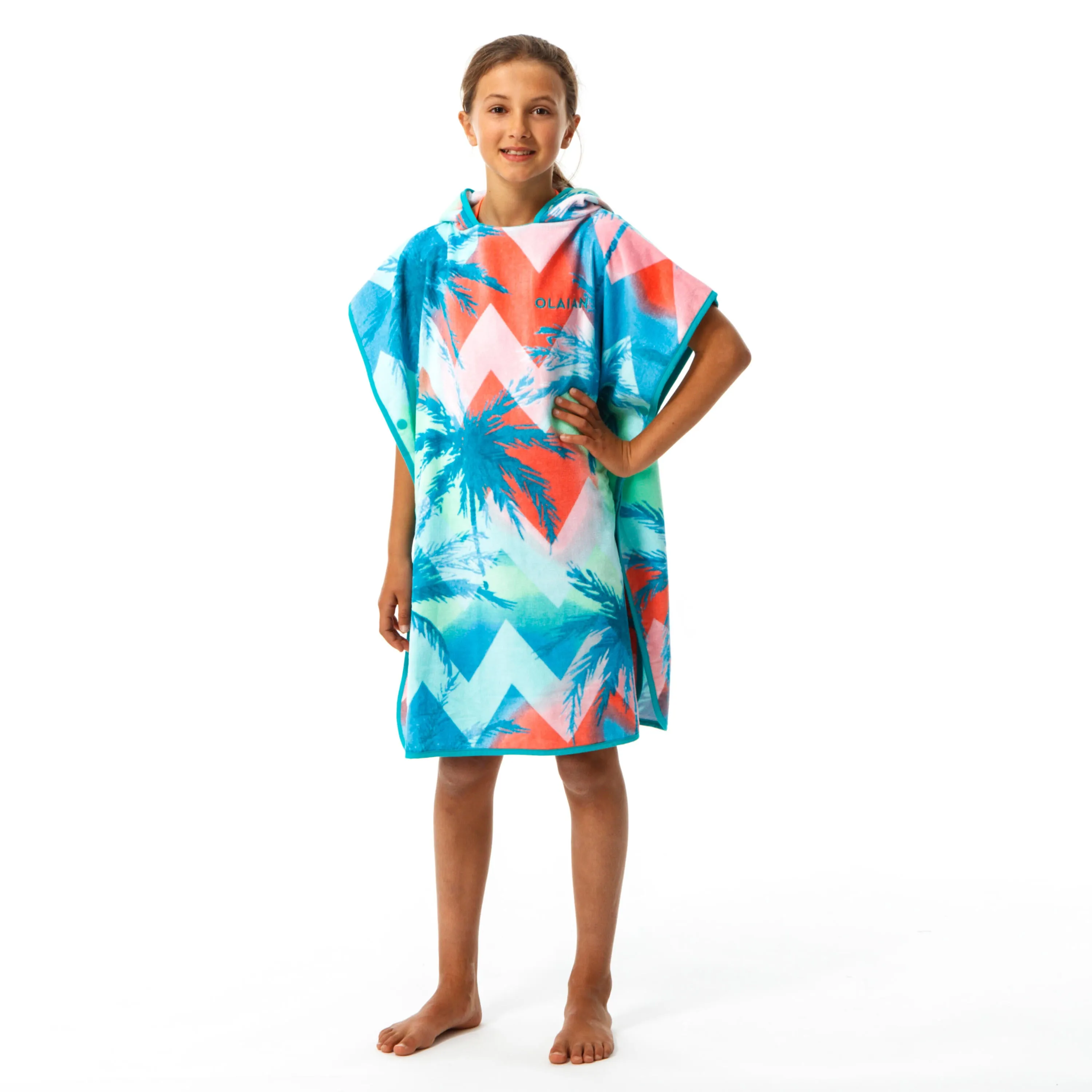 Children's surf poncho 500 110-135 cm turquoise/pink/palm trees OLAIAN light blue/light pink