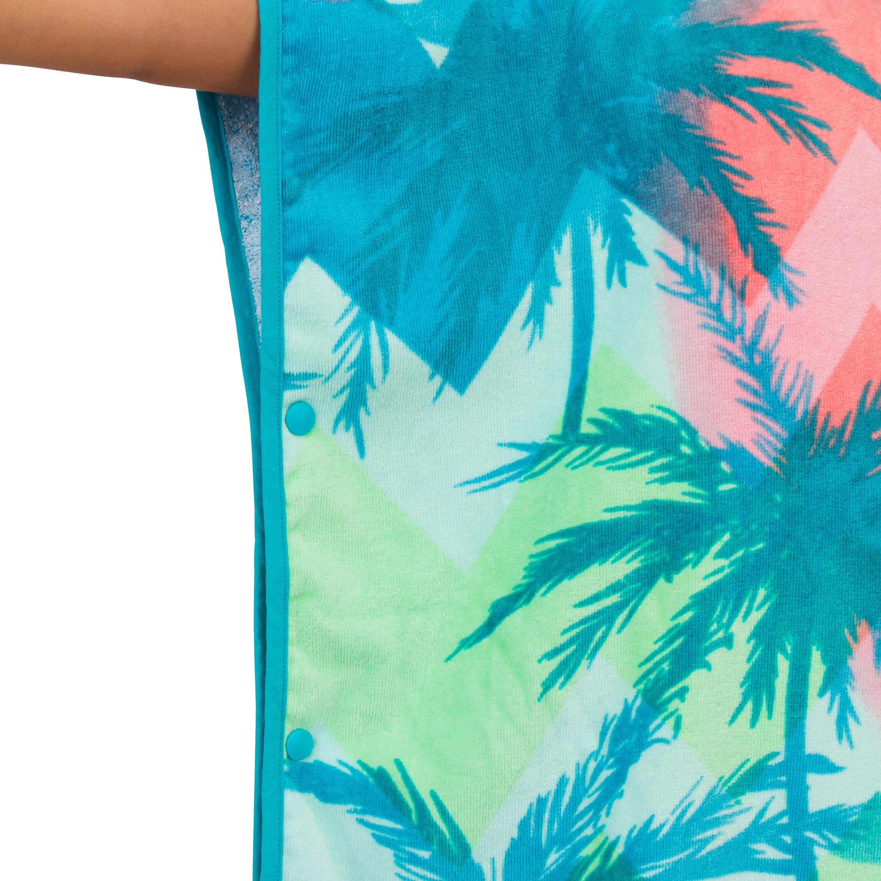 Children's surf poncho 500 110-135 cm turquoise/pink/palm trees OLAIAN light blue/light pink