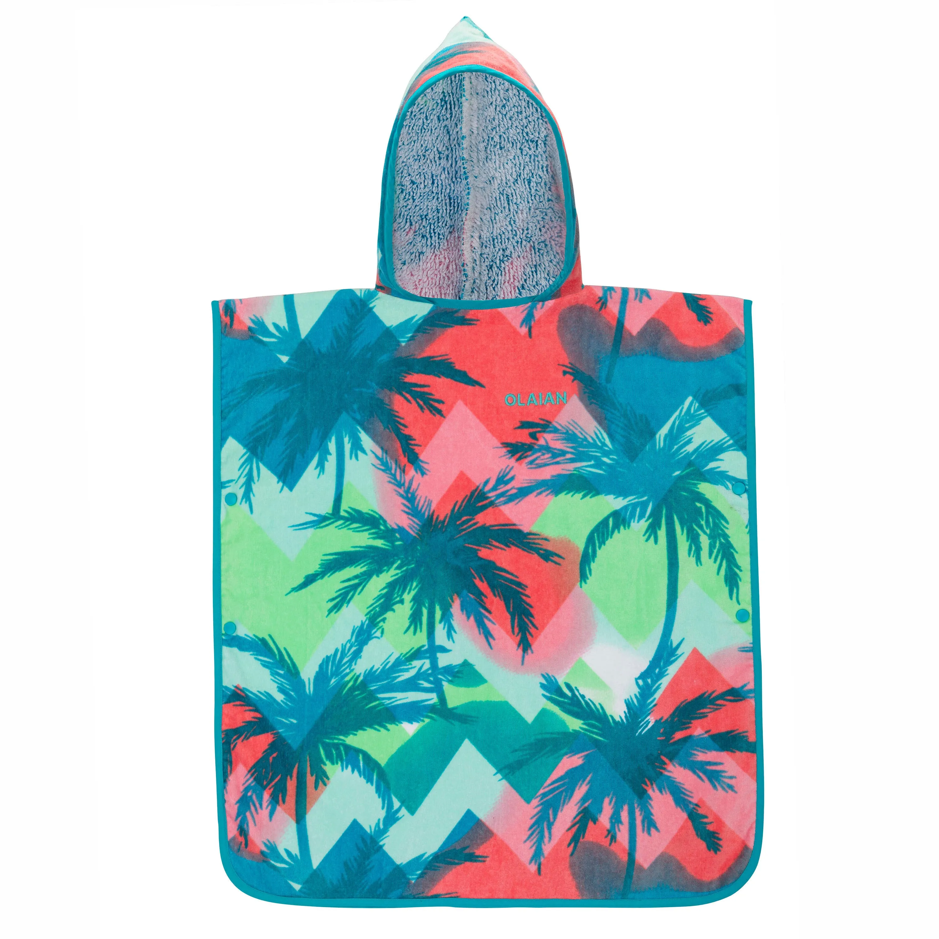 Children's surf poncho 500 110-135 cm turquoise/pink/palm trees OLAIAN light blue/light pink