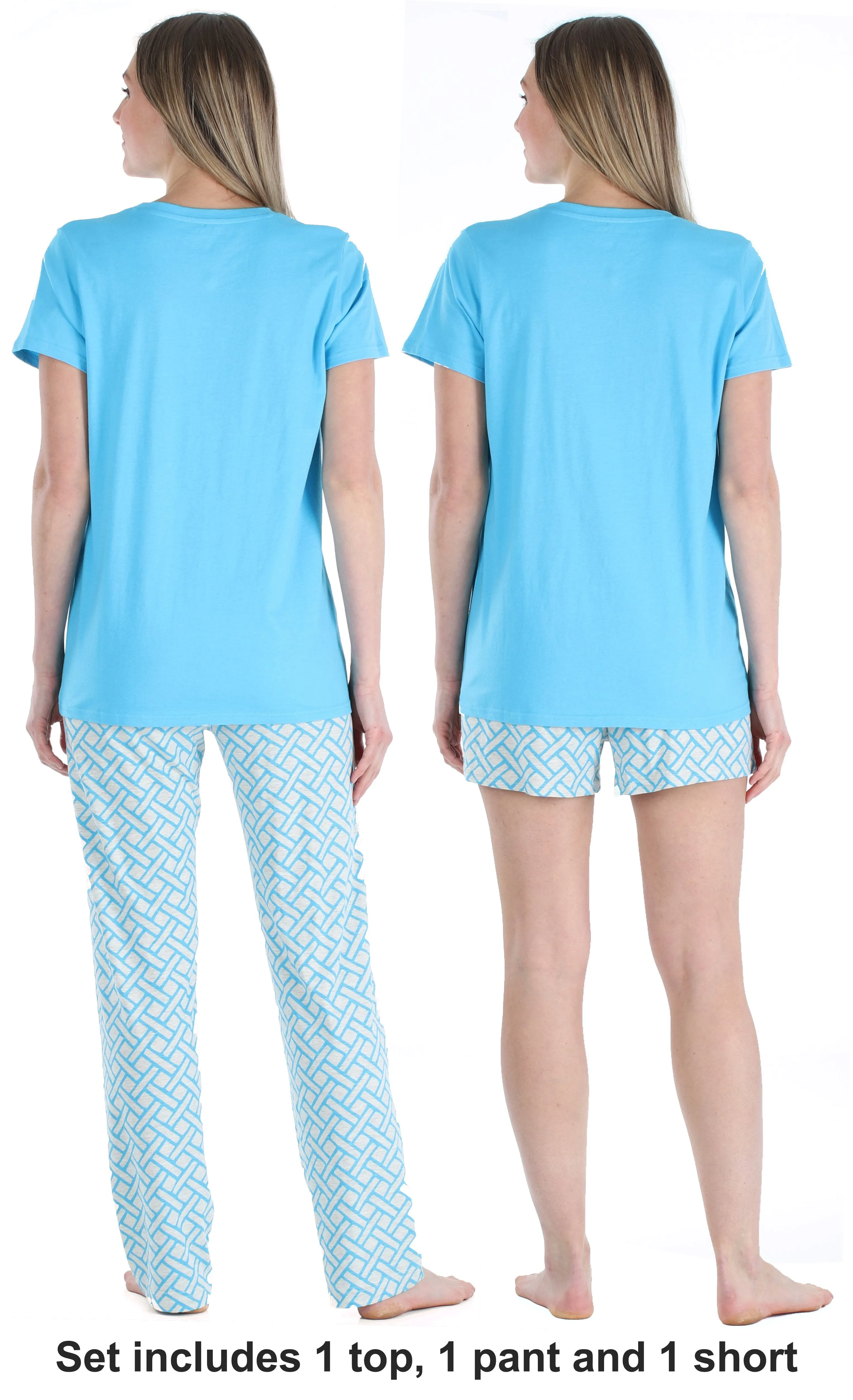 Frankie & Johnny Women's 3 Piece Knit Pajama Set - Top, Pant and Short