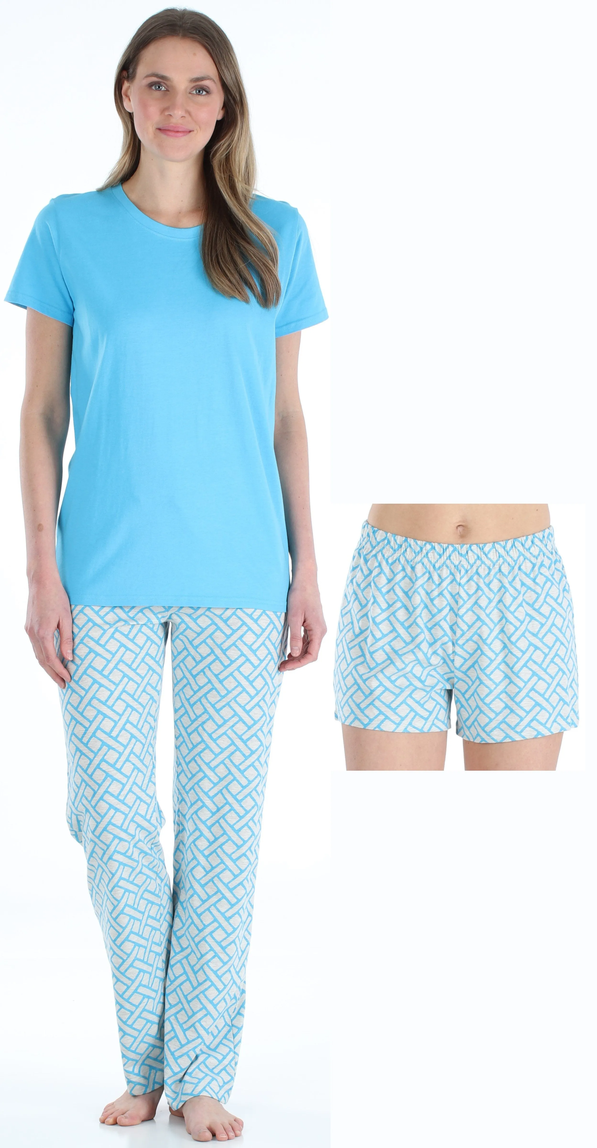 Frankie & Johnny Women's 3 Piece Knit Pajama Set - Top, Pant and Short