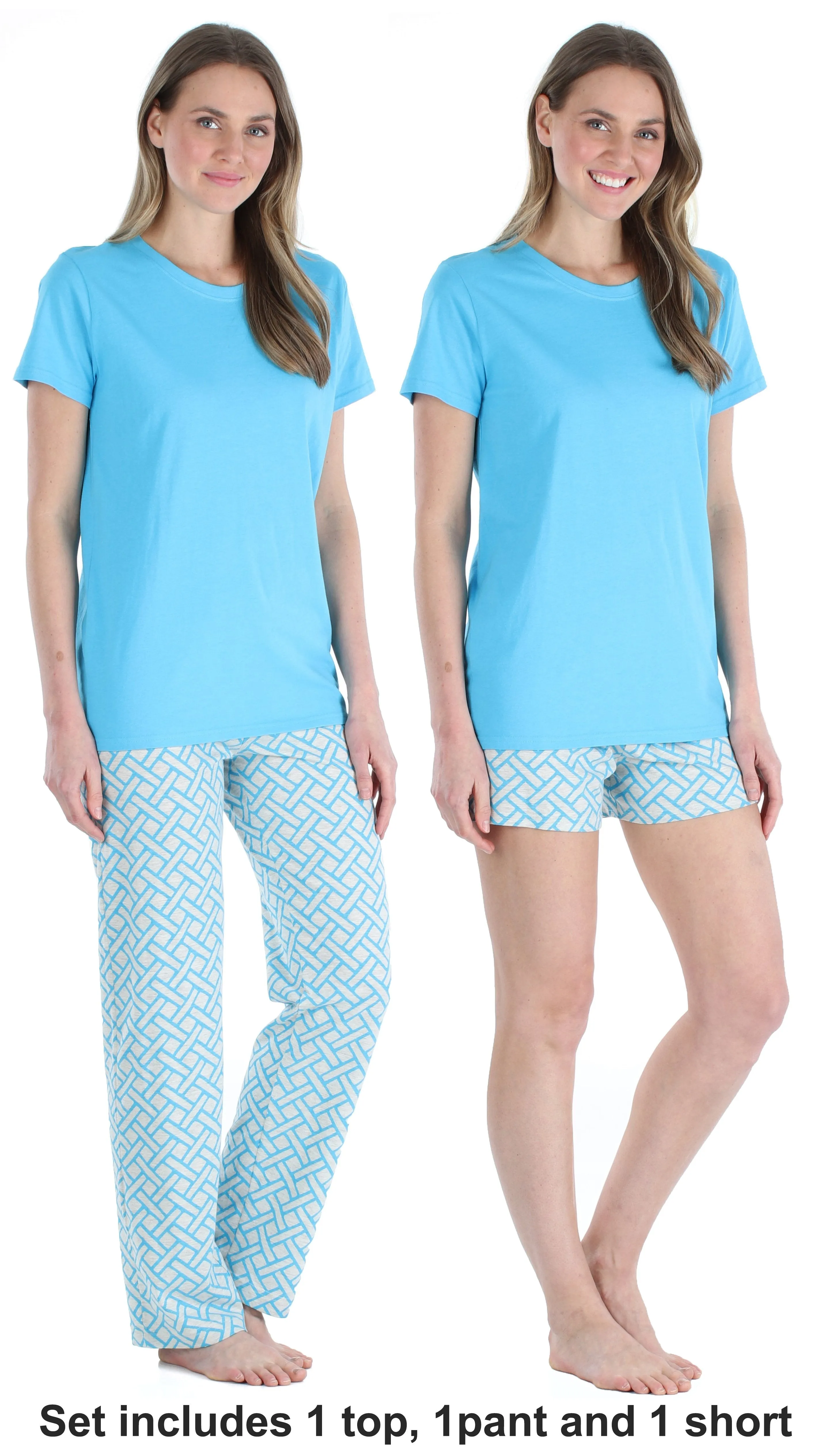 Frankie & Johnny Women's 3 Piece Knit Pajama Set - Top, Pant and Short