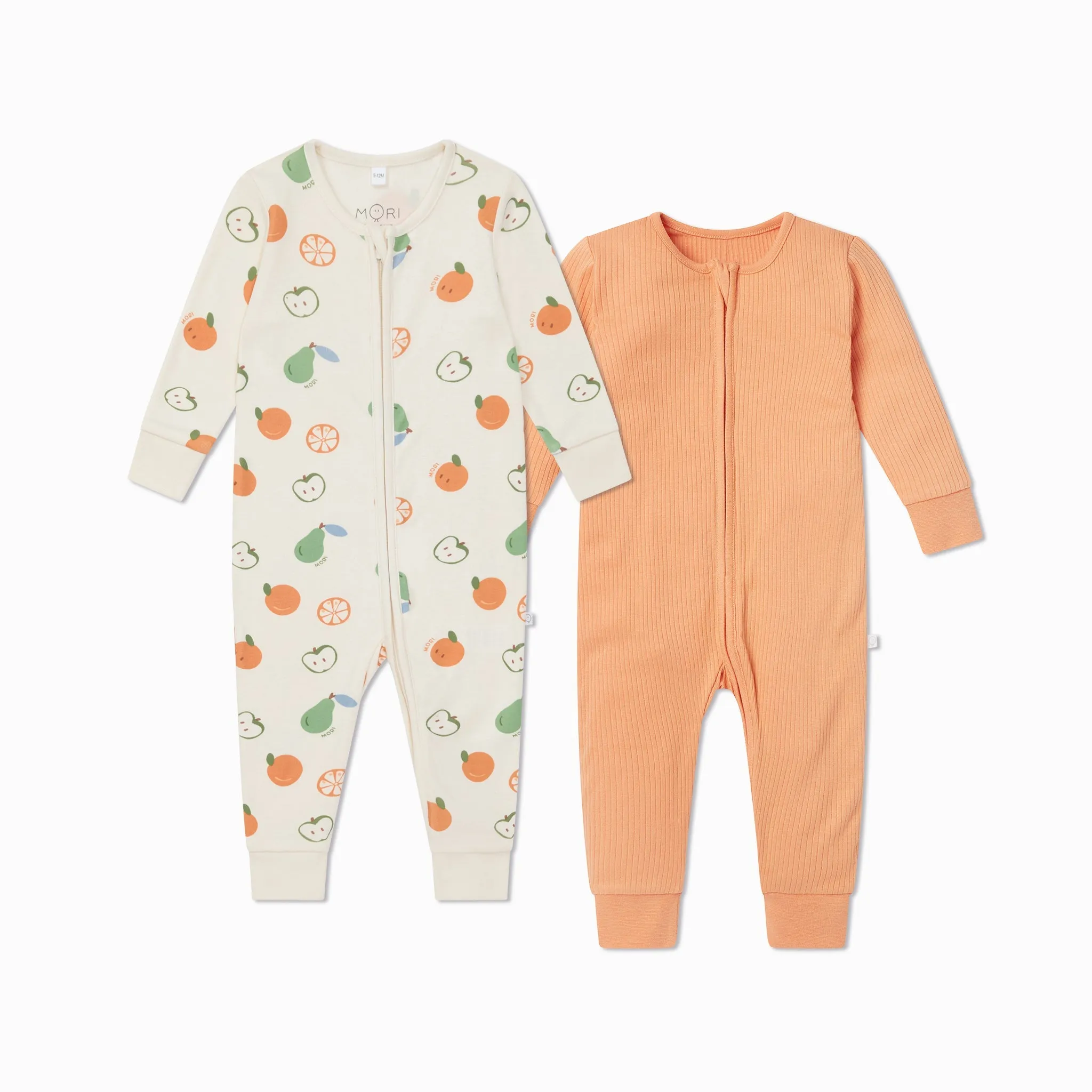 Fruit Print & Ribbed Clever Zip Baby Pajamas 2 Pack