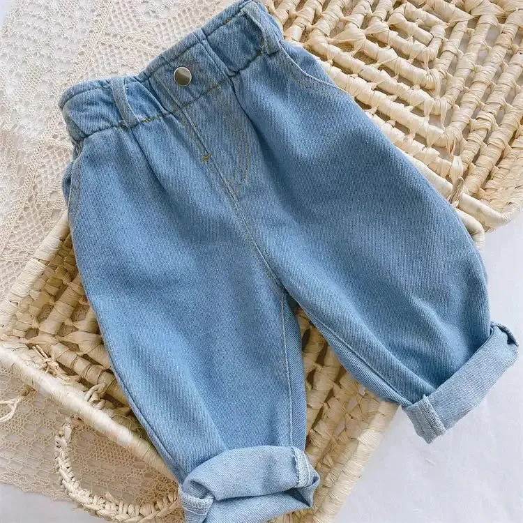 High Rise Beige and Blue Stitched Denim Jeans for Girls