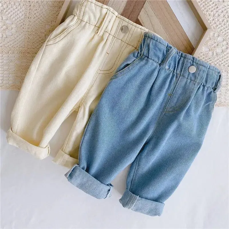 High Rise Beige and Blue Stitched Denim Jeans for Girls