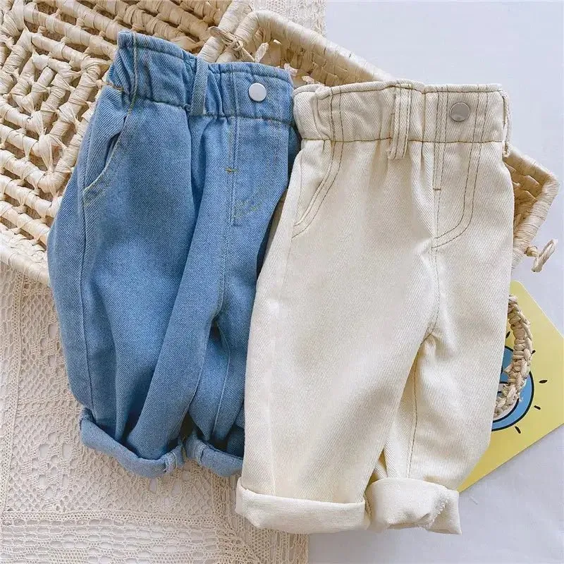 High Rise Beige and Blue Stitched Denim Jeans for Girls