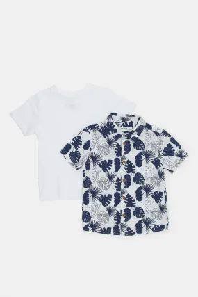 Infant Boys White And Navy Leaves Print Shirt Set (Pack of 2)