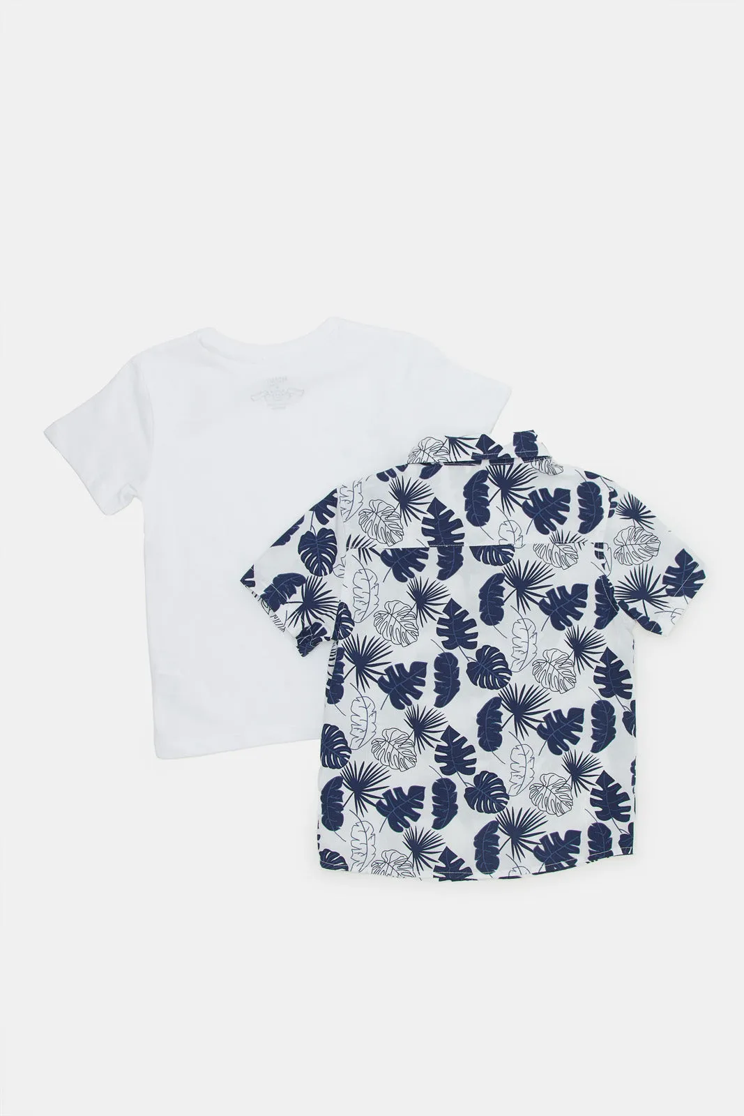 Infant Boys White And Navy Leaves Print Shirt Set (Pack of 2)