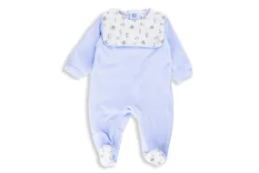 Ivory and Light Blue Velour Zoo Footed Romper