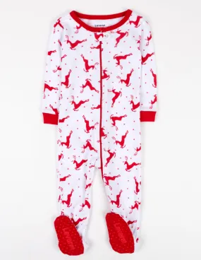 Kid's Footed Cotton Red & White Reindeer Pajamas