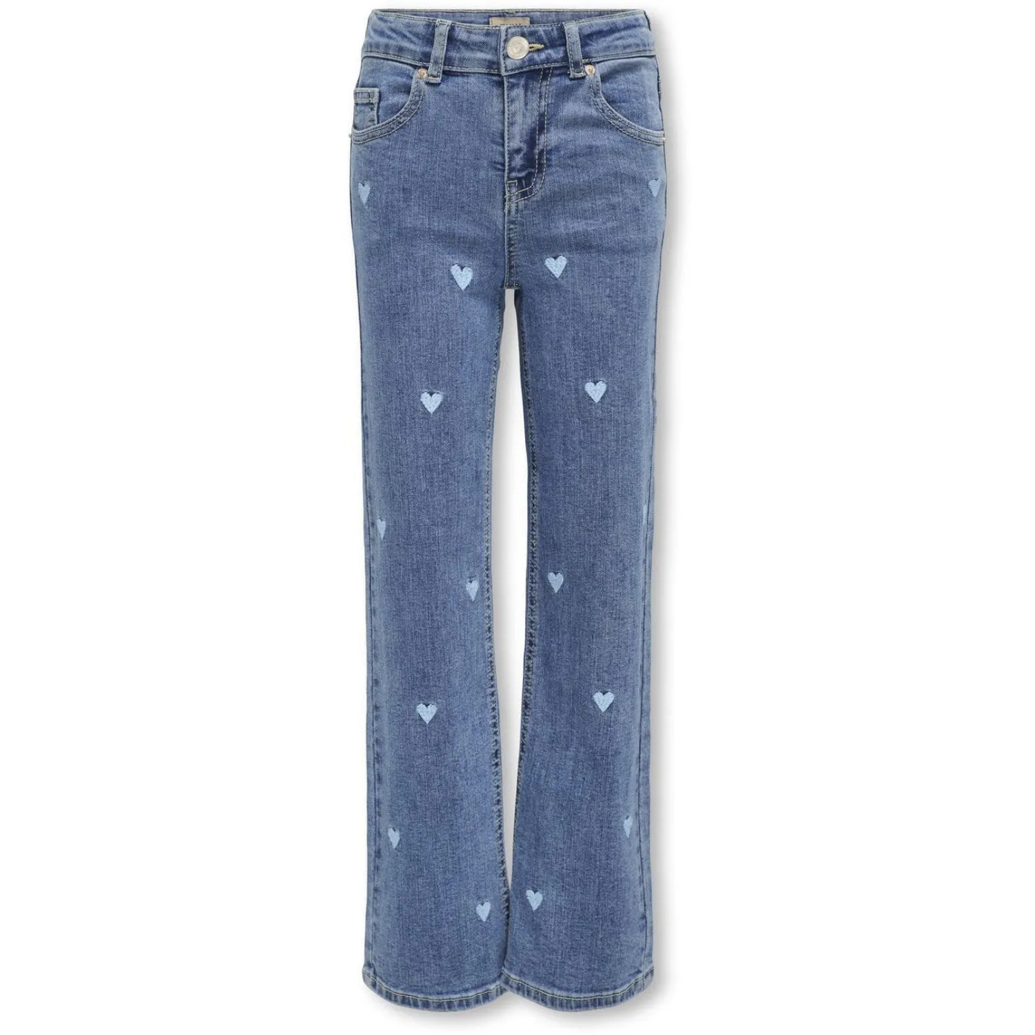 kids ONLY Light Medium Blue Denim Embroidered Blue Hearts Juicy Wide Leg Heart Denim Jeans