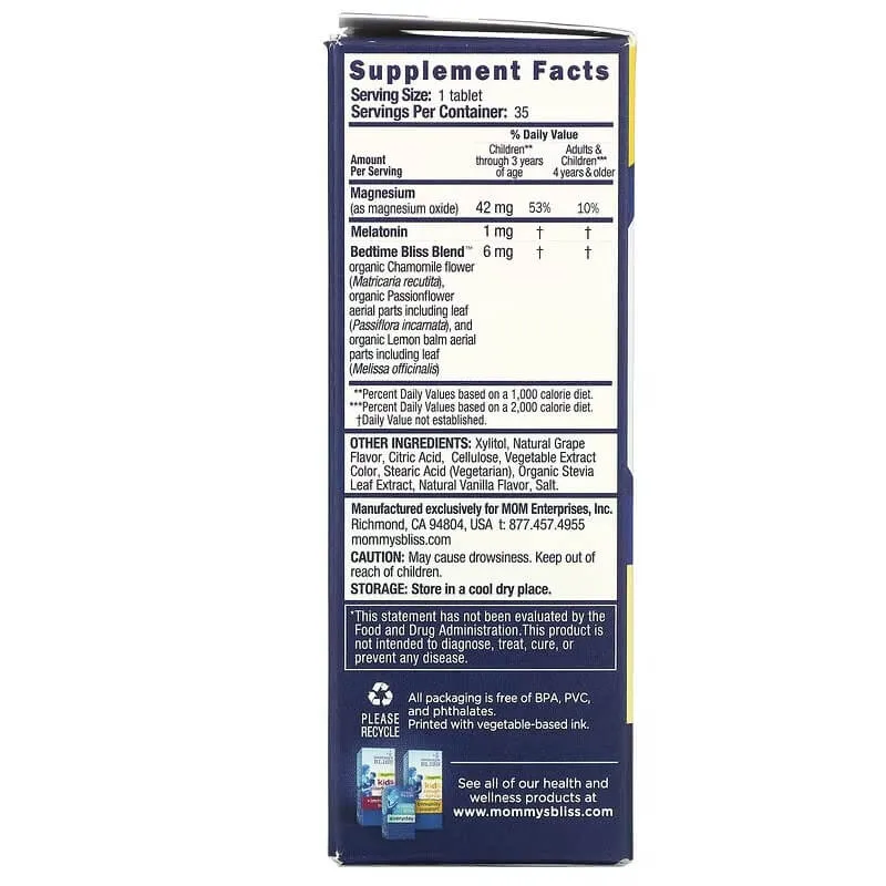 Melatonin with magnesium for children from 3 years Mommy's Bliss, 35 chewable tablets