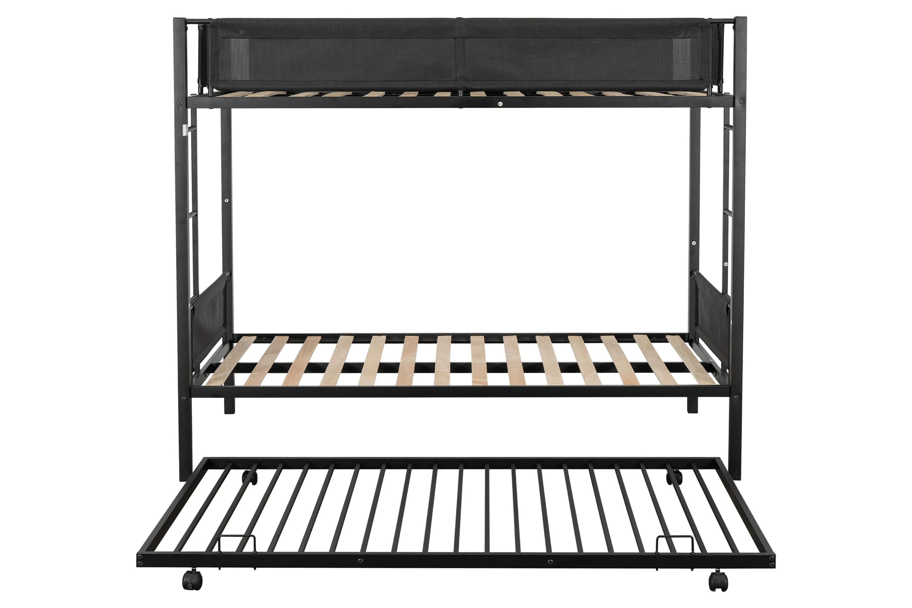 Metal Twin Over Twin Bunk Bed With Trundle/ Sturdy Metal Frame/ Noise Free Wood Slats/ Comfortable Textilene Guardrail/ 2 Side Ladders/ Space Saving Trundle/ Bunk Bed For Three/ No Box Spring Needed - Black