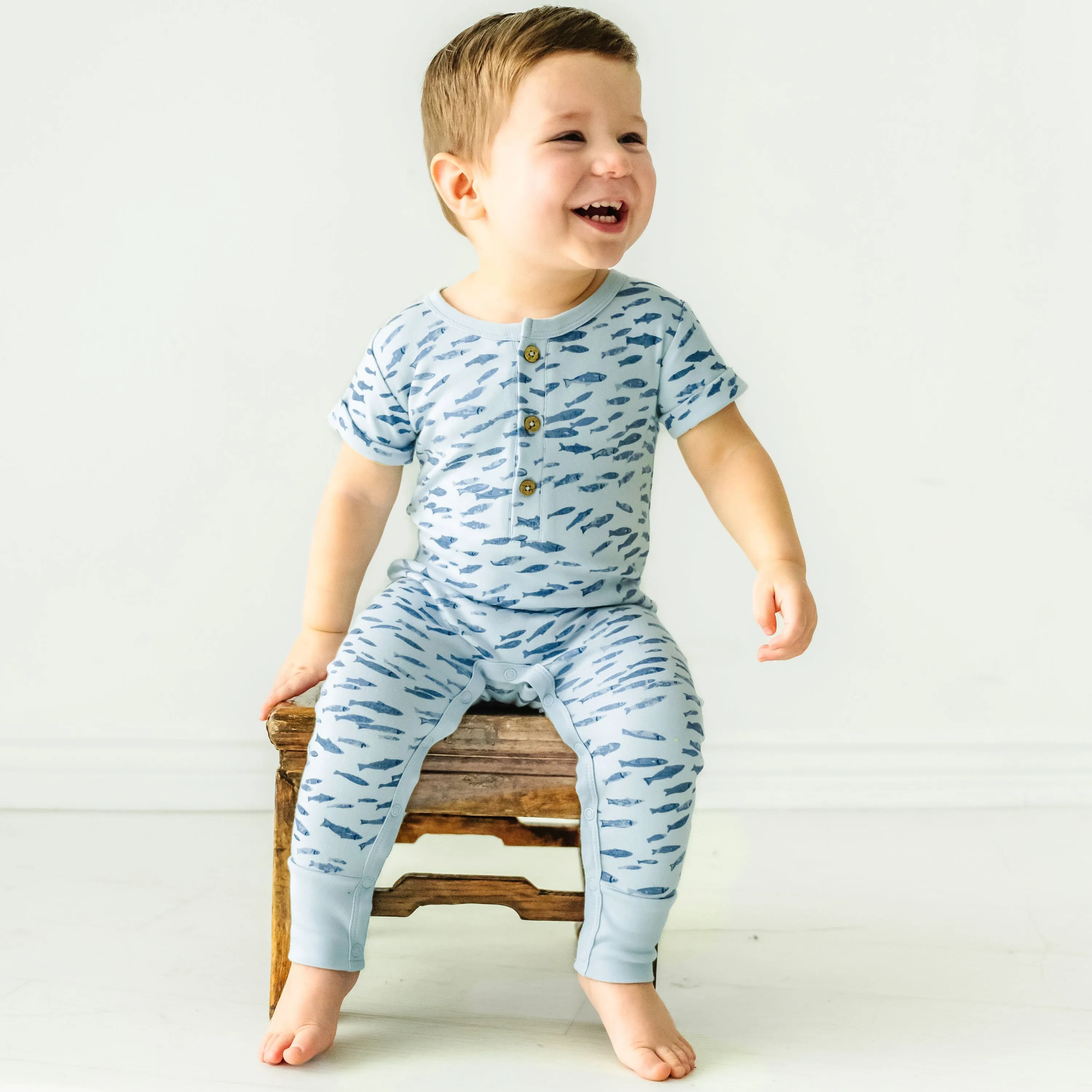 Organic Baby Short Sleeve Button Romper - Minnow