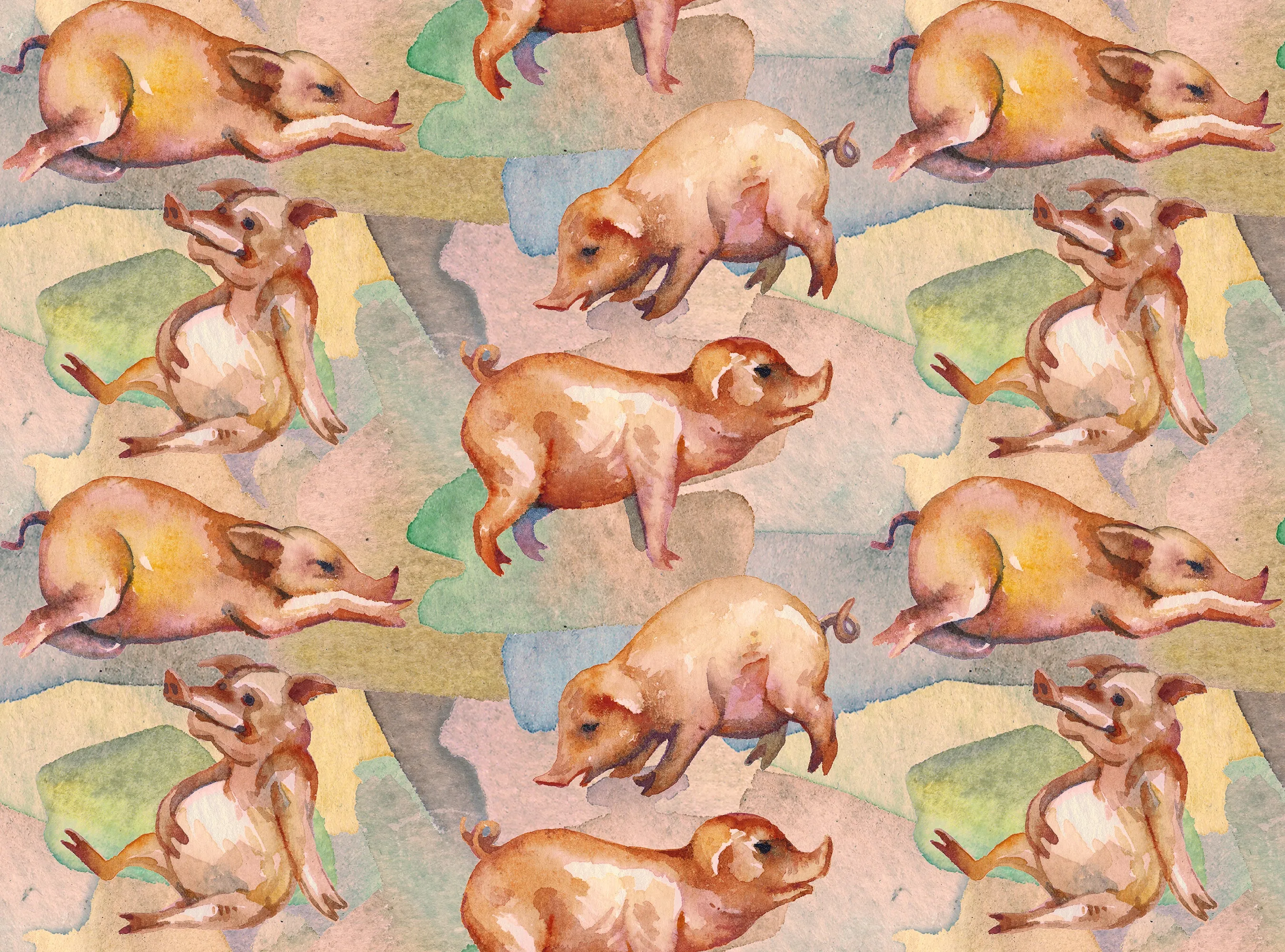 Pig Fabric, Watercolored pigs in all kinds of poses, Cotton or Fleece 1810