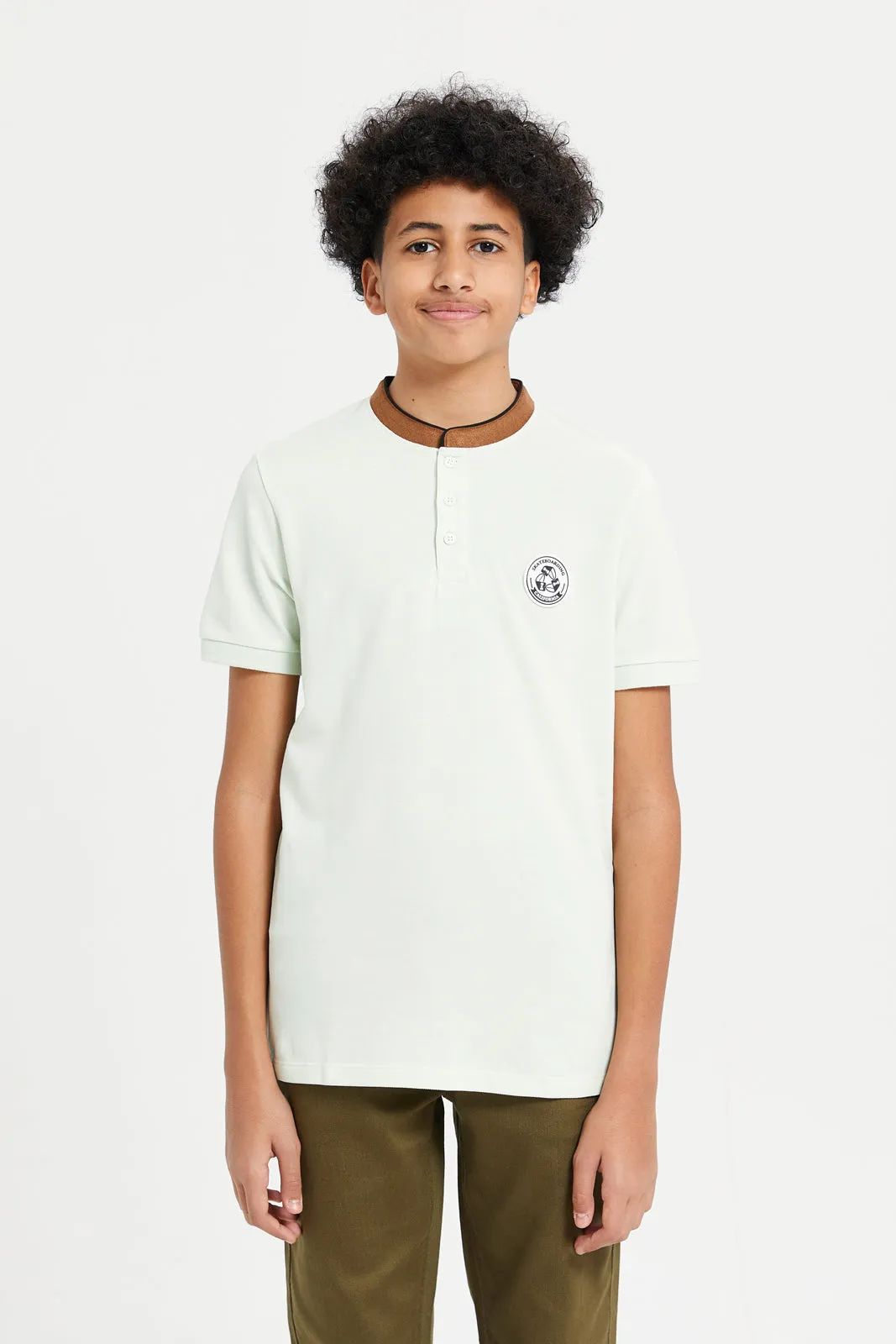 Senior Boys Green Mandarin Collar Polo T-Shirt