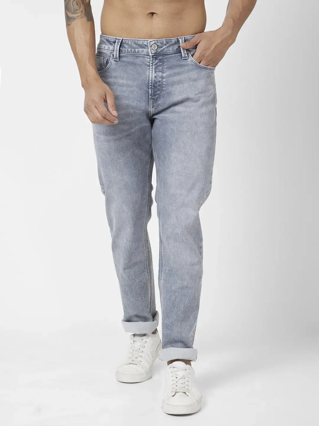 Spykar Men Light Grey Cotton Stretch Comfort Fit Straigth Length Clean Look Mid Rise Jeans (Ricardo)