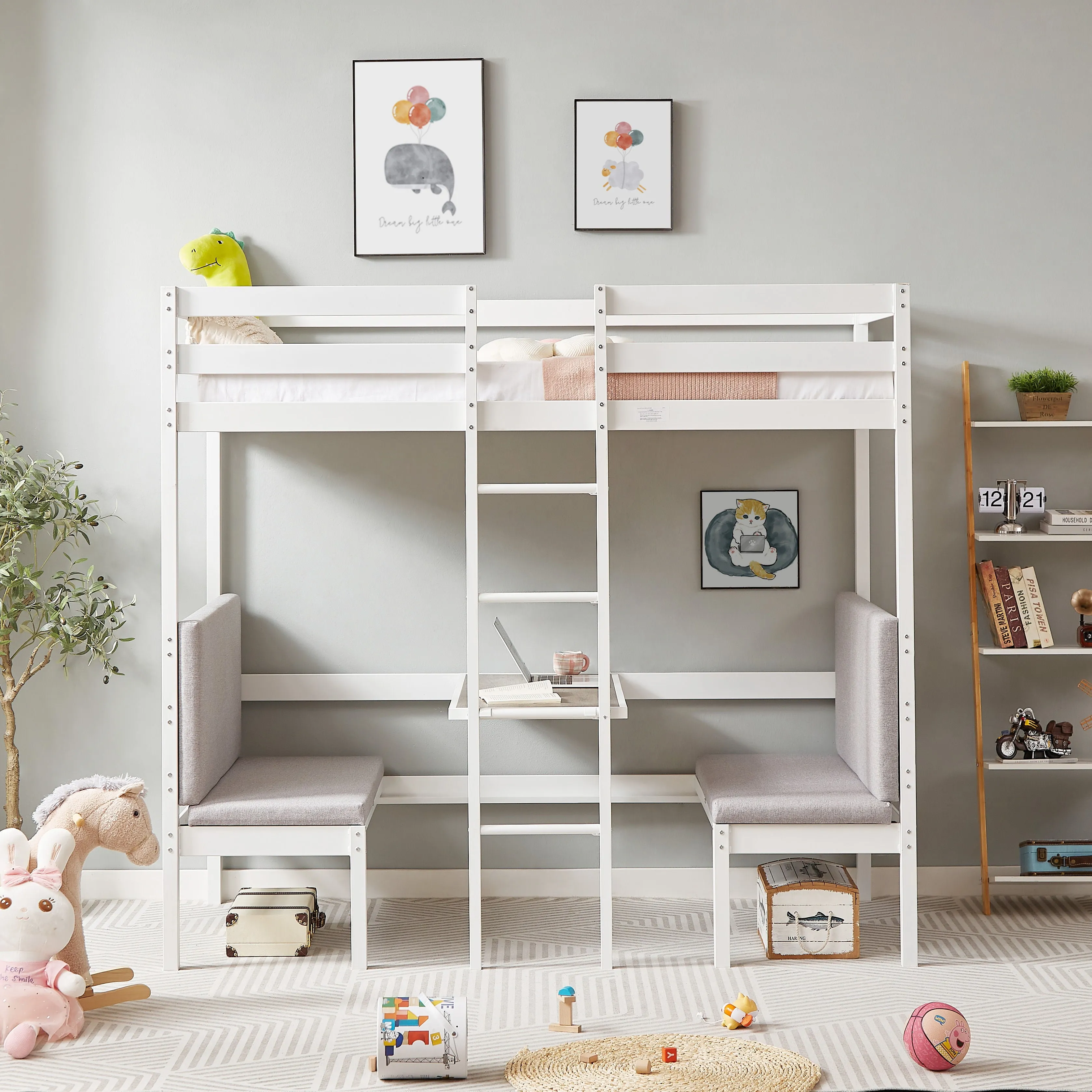 Twin Over Twin Bunk Beds Can Be Turn Into Upper Bed And Down Desk, Cushion Sets Are Free - White