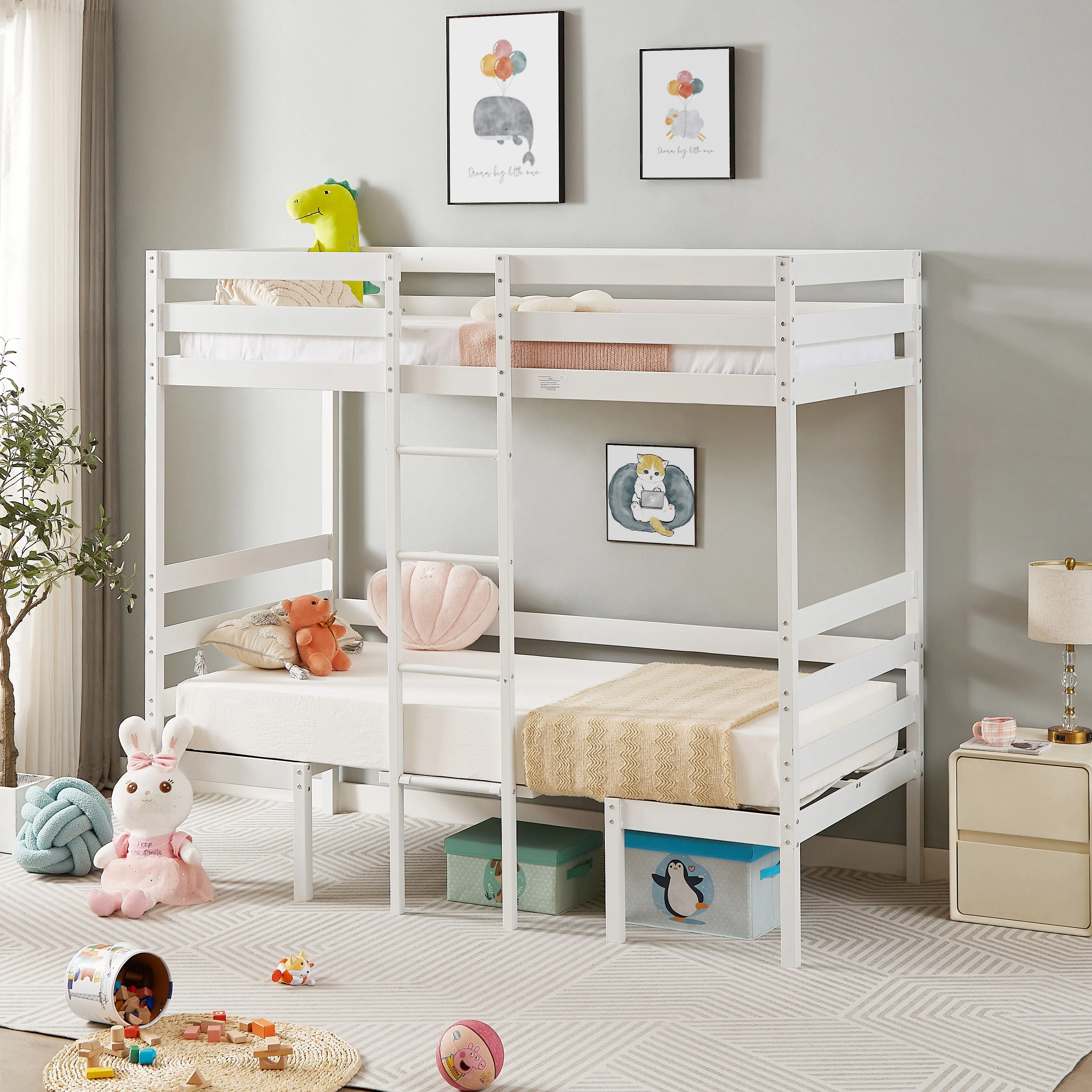 Twin Over Twin Bunk Beds Can Be Turn Into Upper Bed And Down Desk, Cushion Sets Are Free - White